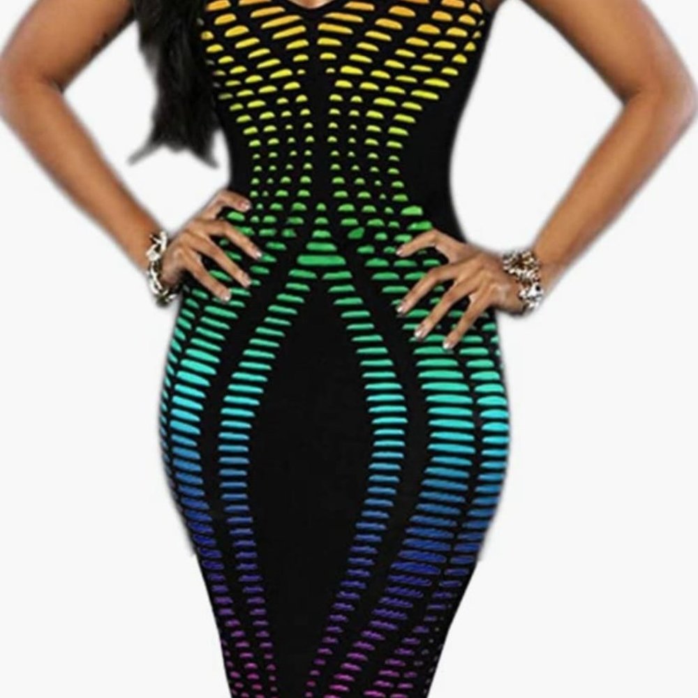 Rainbow V-Neck Sleeveless Bodycon Dress (NWOT)